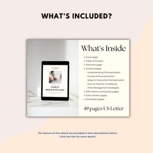 May include: A digital ebook cover with the title "How to Combat Procrastination" on a tablet. The ebook includes 49 pages of content on understanding procrastination, overcoming procrastination, time management strategies, affirmations, and worksheets. The ebook is formatted in US Letter size.