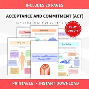 Könnte beinhalten: Ein Set aus 20 druckbaren Seiten zur Akzeptanz- und Commitment-Therapie (ACT) in A4- und US-Letter-Größe. Die Dokumente enthalten Übungen wie Body Scan, Urge Surfing und Silly Voices mit erklärendem Text, Diagrammen und einer roten Grafik.