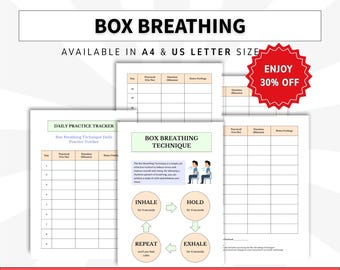 Può includere: Una guida alla tecnica di respirazione box e un tracker di pratica quotidiana stampabile di quattro pagine. I documenti presentano tabelle per registrare la pratica, la durata in minuti e le note, con un diagramma del ciclo respiratorio.