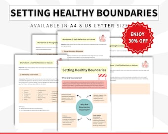 Può includere: Un set di 19 fogli di lavoro stampabili intitolato Setting Healthy Boundaries, disponibile nei formati A4 e US Letter. I documenti presentano sezioni sull'autoriflessione, sui valori fondamentali e sulle definizioni dei confini con testo e diagrammi.