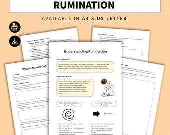 May include: A set of printed worksheets titled RUMINATION, available in A4 and US Letter sizes. The pages feature text sections titled Understanding Rumination, with black text on white paper, including a graphic of a person sitting.