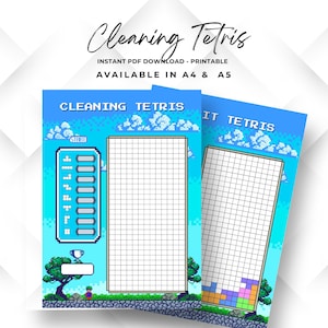 May include: Two blue printable sheets with a pixelated Tetris theme. The sheets read "Cleaning Tetris" and include a grid for tracking. The design features pixelated clouds, trees, and a small character. The text "INSTANT PDF DOWNLOAD - PRINTABLE AVAILABLE IN A4 & A5" is also visible.