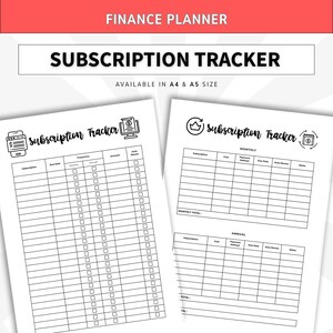 May include: A finance planner subscription tracker printable with two distinct page layouts. The sheets feature black text and lines on a white background, including columns for subscription names, due dates, costs, payment methods, and auto-renew checkboxes.