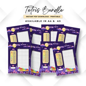 May include: A stack of printable Tetris game sheets. Each sheet features a grid for gameplay, Tetris block illustrations, and the text "Tetris Bundle." The sheets are purple with pixelated graphics and the text "Instant PDF Download - Printable."