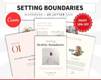 May include: A 38-page Setting Boundaries workbook in US Letter size. The cover features the title Setting Healthy Boundaries, a photo of a person from behind, and space for an author name. Includes pages for Chapter 01 and a welcome page.