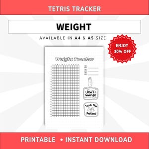 以下が含まれることがあります： 月と日のグリッド、3つの小さなアイコン、テキストボックスを備えた白い体重トラッカーの印刷用シート。シートには「Weight Tracker」というタイトル、水筒のアイコン、および「Don't Give Up」と「Trust The Process」というテキストが書かれた2つの長方形のボックスが含まれています。