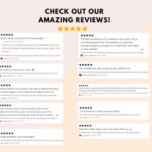 May include: A collage of customer reviews for a coaching workbook. The reviews are all positive and highlight the quality of the product. The reviews include comments such as "Quality ebook, would buy from this store again!" and "Very useful to me and to my clients!"