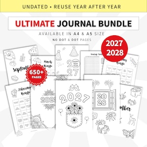 Könnte beinhalten: Ein digitales Journal-Paket mit über 650 Seiten in den Formaten A4 und A5. Die Sammlung enthält undatierte Seiten, Layouts mit und ohne Punkte sowie verschiedene schwarz-weiße Strichzeichnungen für 2027 und 2028, darunter Bingo-Karten und Tracker.