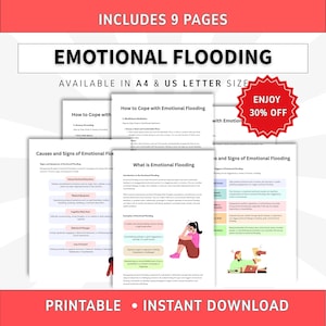 Puede incluir: Un conjunto de 9 páginas imprimibles tituladas Emotional Flooding, disponibles en tamaño A4 y US Letter. Los documentos incluyen texto e ilustraciones que explican las causas, los signos y las estrategias de afrontamiento para el desbordamiento emocional.