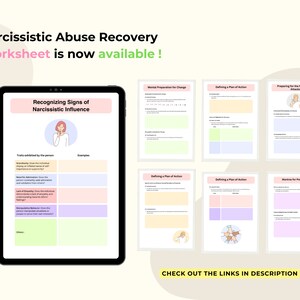 May include: A printable worksheet with the title "Recognizing Signs of Narcissistic Influence" and a cartoon illustration of a person. The worksheet is divided into two columns, "Traits exhibited by the person" and "Examples".
