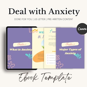 Op de afbeelding: Ebook-sjabloon voor een gids over het omgaan met angst. De omslag heeft een paarse achtergrond met een bloemenontwerp en de tekst "Deal with Anxiety". De binnenpagina's tonen de hoofdstuktitels "What is Anxiety" en "Major Types of Anxiety".