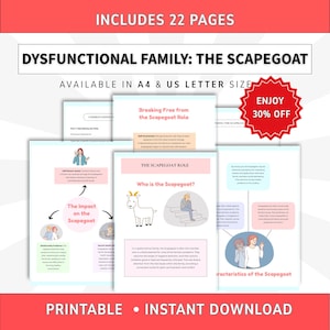 May include: A 22-page digital document titled Dysfunctional Family: The Scapegoat, available in A4 and US Letter size. The pages feature text, illustrations of a goat and people, and diagrams explaining the scapegoat role in family dynamics.