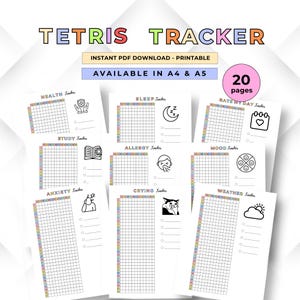 Könnte beinhalten: Ein digitales Tetris Tracker PDF-Set zum Ausdrucken mit 20 Seiten für verschiedene Bereiche wie Gesundheit, Schlaf, Lernen, Allergien, Stimmung, Angst, Weinen und Wetter. Jede Seite enthält ein Raster, bunte Überschriften und Symbole.