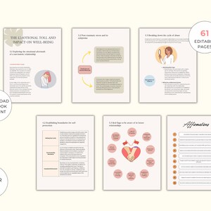 May include: A printable workbook with 61 pages of information and exercises on the emotional toll and impact of narcissistic relationships. The workbook includes sections on establishing boundaries, red flags to be aware of in future relationships, and affirmations.