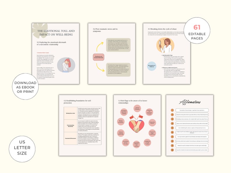 May include: A printable workbook with 61 pages of information and exercises on the emotional toll and impact of narcissistic relationships. The workbook includes sections on establishing boundaries, red flags to be aware of in future relationships, and affirmations.