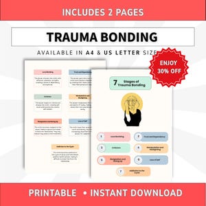 May include: Two pages of a printable document titled Trauma Bonding, available in A4 and US Letter size. The pages feature a list of seven stages including Love Bombing, Trust and Dependency, Criticism, Manipulation and Gaslighting, Resignation and Giving Up, Loss of Self, and Addiction to the Cycle, accompanied by an illustration of a person covering their eyes.