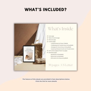 May include: A digital ebook cover with the title "Overcome Limiting Beliefs" and a list of what's included in the ebook. The ebook is 39 pages long and is in US Letter size.
