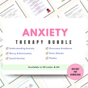 Anxiety Therapy Worksheet Bundle, Panic Attacks, Rumination, Social Anxiety, Avoidance Behavior, Phobia, Mental Health Resources Printable