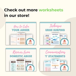 May include: Four printable worksheets with titles "How to Calm Your Anger", "Technique Urge Surfing", "Recover from Domestic Abuse", and "Communications 'I' Statements". Each worksheet features a cartoon woman sitting at a laptop with the text "Made By Little Warrior Station".