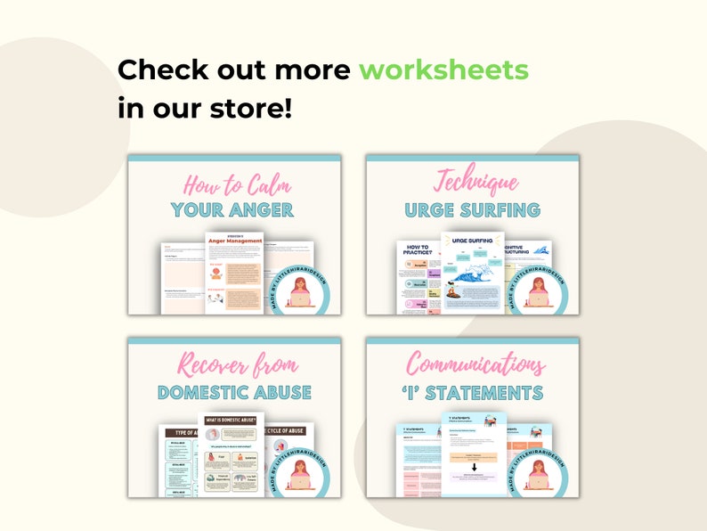 May include: Four printable worksheets with titles "How to Calm Your Anger", "Technique Urge Surfing", "Recover from Domestic Abuse", and "Communications 'I' Statements". Each worksheet features a cartoon woman sitting at a laptop with the text "Made By Little Warrior Station".