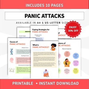 Puede incluir: Un conjunto de 10 páginas imprimibles sobre ataques de pánico, disponible en tamaños A4 y US Letter. Las páginas incluyen encabezados de texto como Causes of Panic Attacks, Coping Strategies y What is Panic Attacks, con ilustraciones.