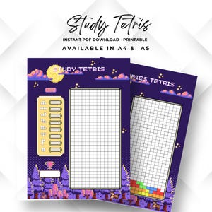 May include: Two printable PDF sheets with a pixelated Tetris theme. The sheets are purple with a grid for notes, a moon, stars, and the text "Study Tetris". The text "INSTANT PDF DOWNLOAD - PRINTABLE AVAILABLE IN A4 & A5" is also visible.