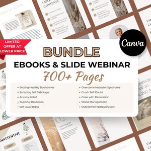 May include: A bundle of ebooks and slide webinars on ADHD, featuring a brown and white color scheme with illustrations of people meditating. The bundle includes over 700 pages of content and covers topics such as setting healthy boundaries, escaping self-sabotage, anxiety relief, building resilience, self-awareness, overcoming impostor syndrome, crushing self-doubt, coping with depression, stress management, and overcoming procrastination.