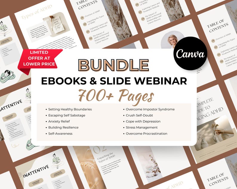 May include: A bundle of ebooks and slide webinars on ADHD, featuring a brown and white color scheme with illustrations of people meditating. The bundle includes over 700 pages of content and covers topics such as setting healthy boundaries, escaping self-sabotage, anxiety relief, building resilience, self-awareness, overcoming impostor syndrome, crushing self-doubt, coping with depression, stress management, and overcoming procrastination.