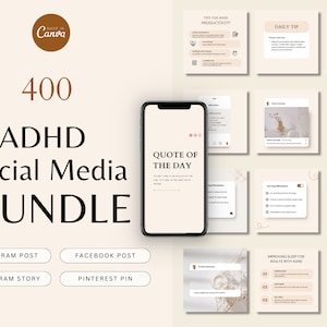 Paquete de redes sociales para el TDAH para entrenadores, Afirmación de publicaciones de Instagram de salud mental, Plantilla de Facebook de cuidado personal Canva, Bienestar mental de Pinterest
