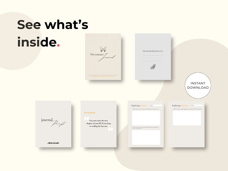 May include: A digital download of a printable journal with a butterfly design and the text "No-Contact Journal". The journal includes prompts for self-reflection and exploring emotions. The text "Instant Download" is also included.