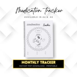 May include: A spiral-bound medication tracker with the words "Medication Tracker" at the top. The cover features a cartoon character inside a circle of flowers. The text "MONTHLY TRACKER" is at the bottom.