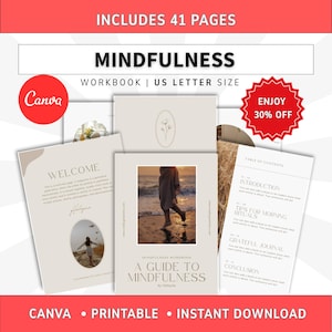 May include: A digital mindfulness workbook template set including 41 pages in US letter size. The pages feature beige backgrounds, minimalist typography, and photographic inserts of a person on a beach. Text includes "MINDFULNESS", "A GUIDE TO MINDFULNESS", and "WELCOME".