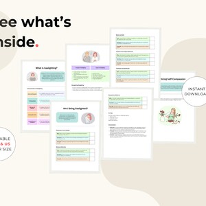 May include: A collection of digital documents titled What Is Gaslighting, Am I Being Gaslighted, and Practicing Self-Compassion. The pages feature text, tables, and illustrations of people, with circular badges stating See what's inside, Instant Download, and Available in A4 & US Letter size.