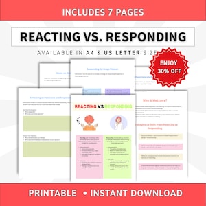 Könnte beinhalten: Ein siebenseitiges, druckbares Dokument mit dem Titel Reacting vs. Responding, erhältlich in A4 und US Letter Format. Die Seiten enthalten einen Strategieplaner, Reflexionsarbeitsblätter und Bildungsinhalte mit Illustrationen zum Vergleich von Reaktionen und Antworten.