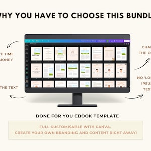 May include: A computer screen displaying a Canva ebook template with a light blue background and a light brown border. The template is customizable and includes text, images, and graphics. The text on the screen reads "DONE FOR YOU EBOOK TEMPLATE" and "FULL CUSTOMISABLE WITH CANVA. CREATE YOUR OWN BRANDING AND CONTENT RIGHT AWAY!"