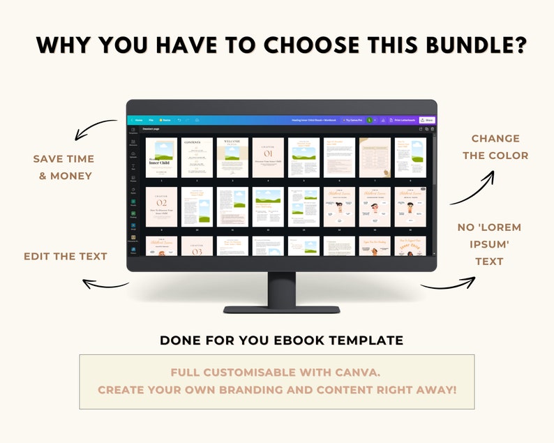 May include: A computer screen displaying a Canva ebook template with a light blue background and a light brown border. The template is customizable and includes text, images, and graphics. The text on the screen reads "DONE FOR YOU EBOOK TEMPLATE" and "FULL CUSTOMISABLE WITH CANVA. CREATE YOUR OWN BRANDING AND CONTENT RIGHT AWAY!"