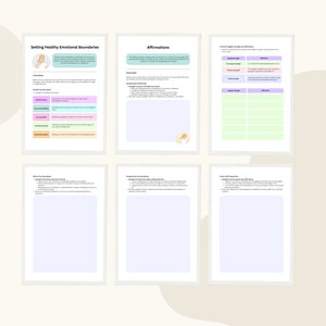 May include: A set of six white printable worksheets featuring black text and pastel-colored tables. The pages include titles such as Setting Healthy Emotional Boundaries, Affirmations, and Transform Negative Thoughts into Affirmations, with blank spaces for writing.
