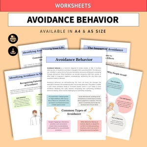 May include: A set of educational worksheets titled Avoidance Behaviour, available in A4 and A5 sizes. The documents feature text explaining avoidance, common types, and impacts, accompanied by illustrations of people and colourful circular diagrams.