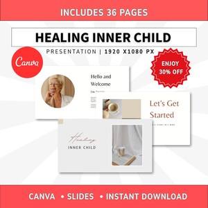 Genezing van het innerlijke kind, diapresentaties, webinar-decktemplates, Canva-templates voor het maken van cursussen, life coaching