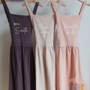 Personalized Apron, Apron Dress for Women, Natural Linen Cotton Apron, Gift for Her , Garden Aprons, Mom Gift, Cross Back, Mum Birthday Gift image 1