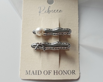 Silver Pearl Hair Clips Set, Bridesmaid Hair Accessories, Personalized Wedding Gift, Maid of Honor, Custom Name Card, Price for 2 pins