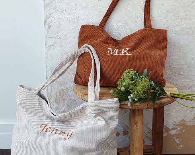Custom Embroidered Corduroy Tote Bag – Personalized Tote Bag, Name Gift, Soft Shoulder Bag for Women,Bridesmaid Bag, Teacher Gift, Christmas