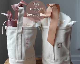 Personalized Bridesmaid Gift Set, Custom Canvas Tote with Tumbler &Jewelry Box, Wedding Favors, Bridesmaid Proposal, Birthday Gift, Gift Bag