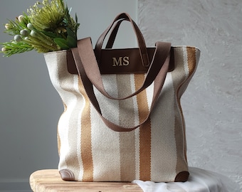 Custom Striped Tote Bag, Thick, Bachelorette Gift bag, Personalised Bag, Monogram Bag, Bridesmaid Bag, Beach Bag, Market Bag with name