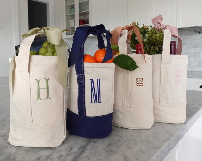 BeLettered. Custom Monogram Canvas Wine Tote, Personalized Bag, Two-Bottle Carrier, Embroidered Hostess, Bachelorette, Housewarming Gift