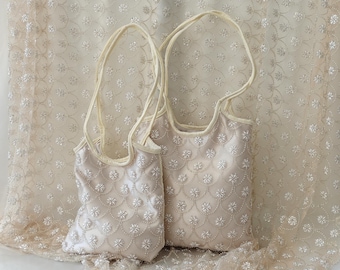 Beaded Bridal Tote Bag, Bridesmaid Gift, Pearl Embroidery Shoulder Bag, Wedding Hen's Party, Personalised Inside Text, keepsakes