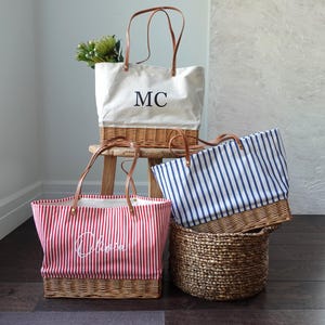 Customized striped Linen Rattan Bag, Leather Handle, image 1
