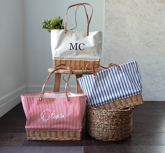 Customized striped Linen Rattan Bag, Leather Handle,
