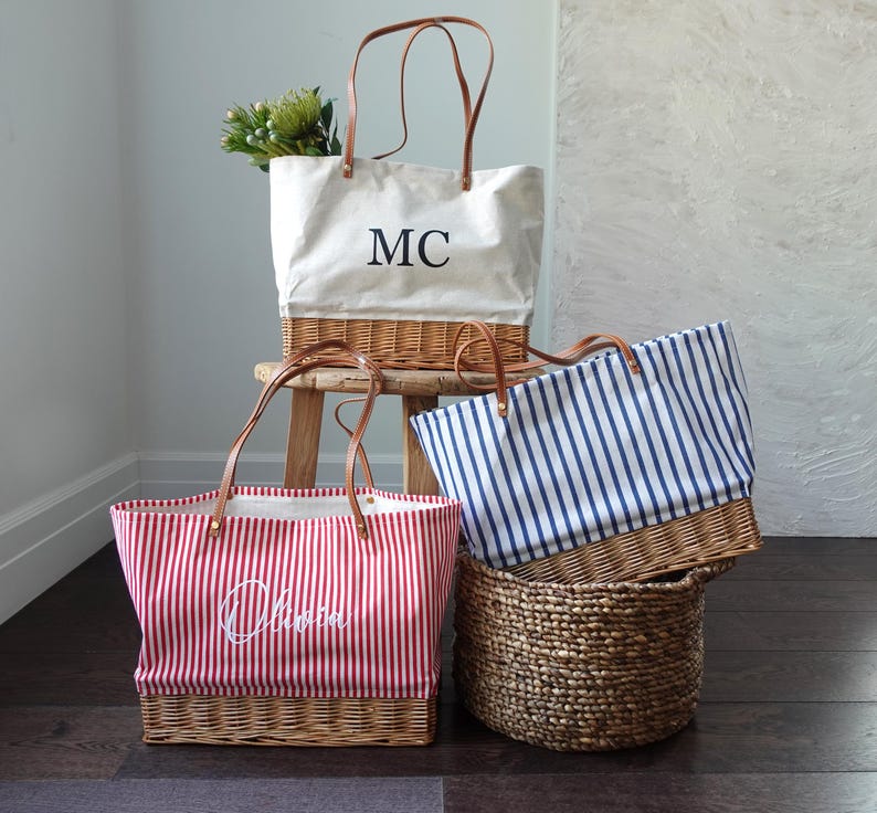 Customized striped Linen Rattan Bag, Leather Handle, image 1