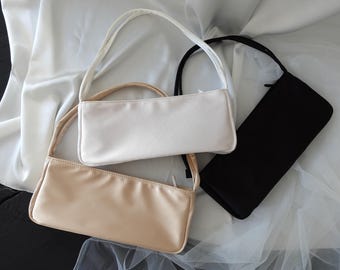 Personalised Silk Satin Baguette Bag, Slim Shoulder Bag, 90s Y2K Long Handbag, Custom Name Bridesmaid Gift, Minimal Evening Bag